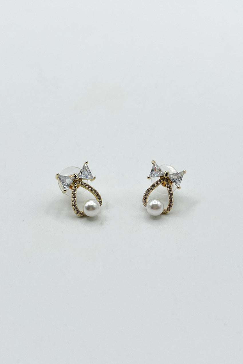 Studded Bow Earrings With Hanging Pearl In Gold - Gift Boxed JE316724