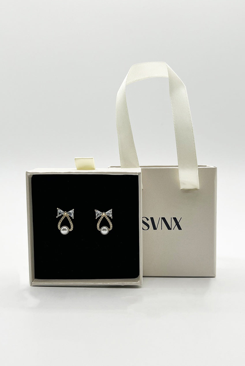 Studded Bow Earrings With Hanging Pearl In Gold - Gift Boxed JE316724
