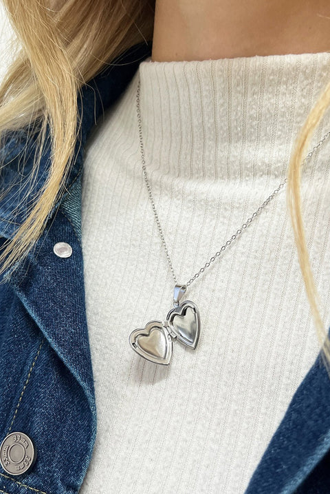 Large Heart Pendant Locket Necklace In Silver - Gift Boxed by SVNX