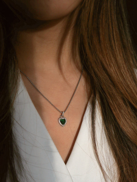 Green Diamante Heart Necklace And Earrings Set In Silver by SVNX