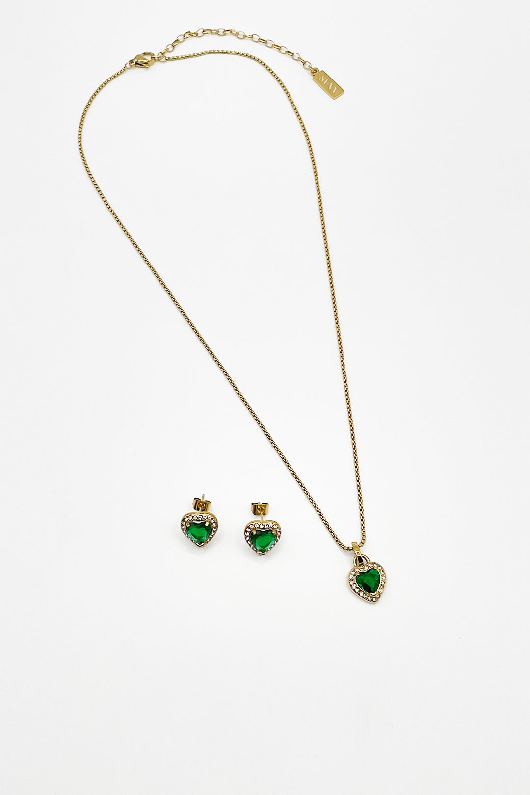 Emerald Green Diamante Heart Necklace & Earrings Set In Gold - Gift Boxed JE400424