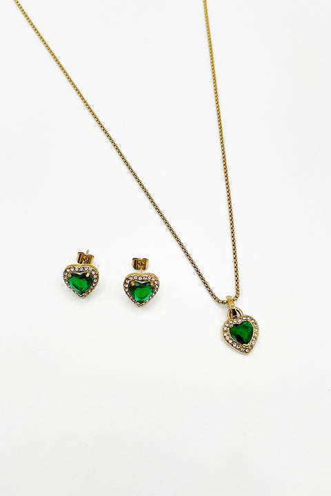 Emerald Green Diamante Heart Necklace & Earrings Set In Gold - Gift Boxed by SVNX