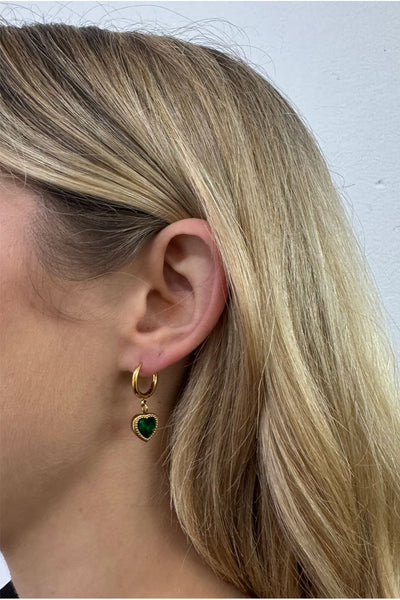Gold - Emerald Green Heart Hoop Earrings In Gold by SVNX