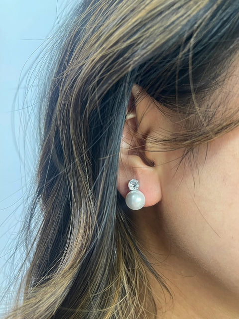 Pearl Diamante Earrings In Silver by SVNX