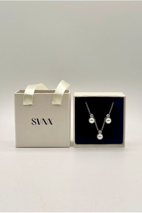 Pearl Diamante Earrings & Necklace Set In Silver by SVNX