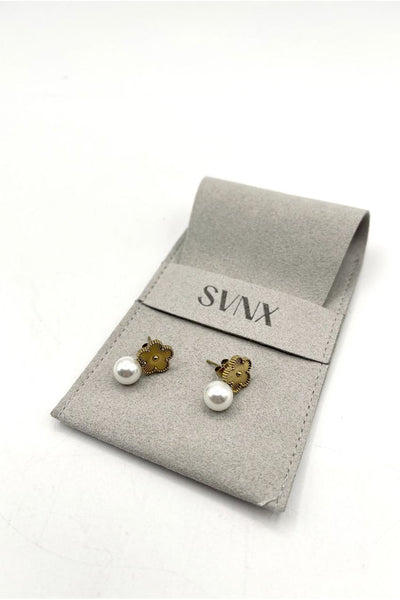 Gold - Floral Pearl Stud Earrings In Gold by SVNX