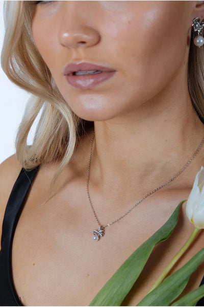Silver - Dainty Bow Pearl Pendant Necklace by SVNX