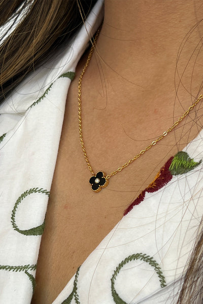 Black - Mini Clover Necklace In Gold Black - Gift Boxed by SVNX