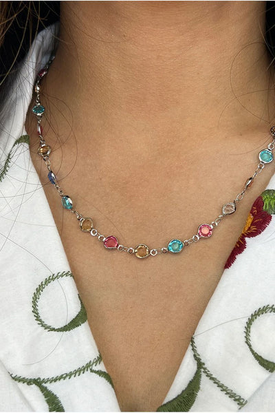 Silver - Crystal Chain Necklace In Multi - Gift Boxed by SVNX