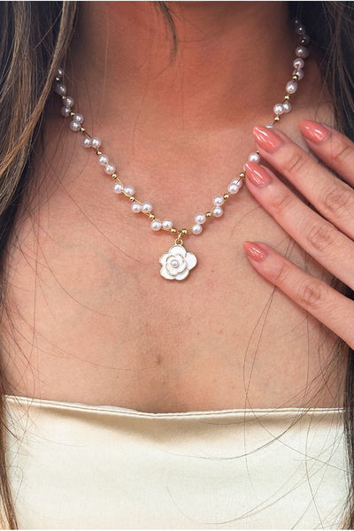 White - Pearl Chain Necklace With Camellia Pendant - Gift Boxed by SVNX
