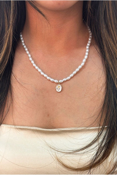 White - Pearl Chain Necklace With Gold Flower Pendant - Gift Boxed by SVNX