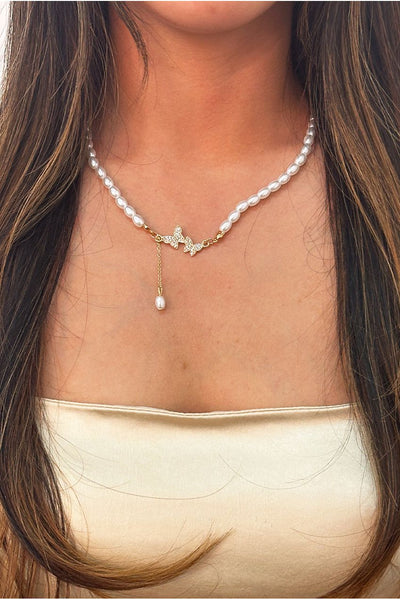 White - Pearl Chain Necklace With Butterfly Pendant - Gift Boxed by SVNX