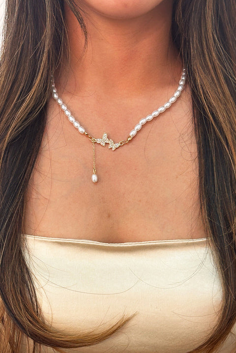 Pearl Chain Necklace With Butterfly Pendant - Gift Boxed by SVNX