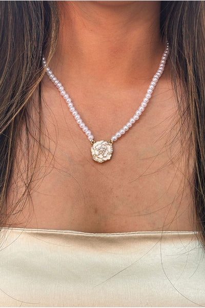 White - French Camellia Pearl Necklace - Gift Boxed by SVNX