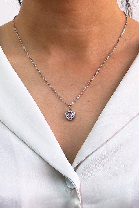Pink Crystal Heart Pendant Necklace In Silver - Gift Boxed by SVNX