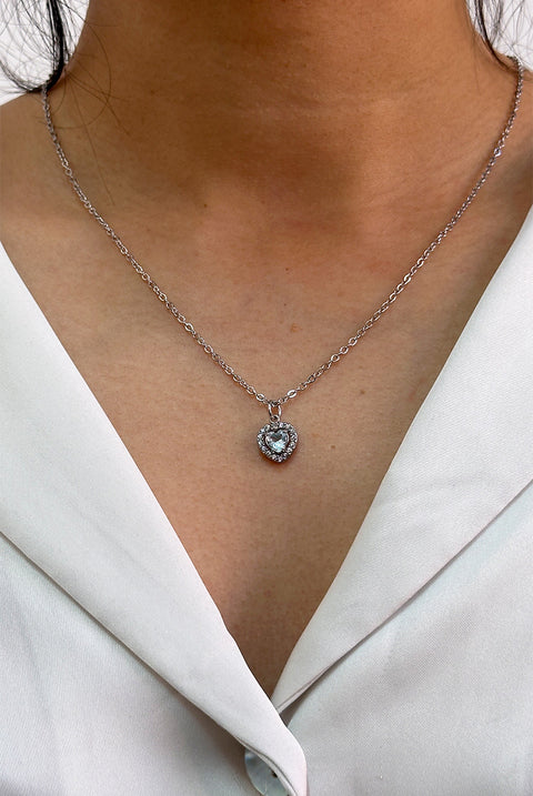 Blue Crystal Heart Pendant Necklace In Silver - Gift Boxed by SVNX