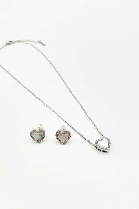 Diamante & Seashell Heart Necklace & Earrings Set In Silver - Gift Boxed by SVNX