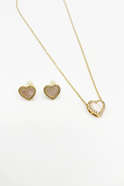 Gold - Diamante & Seashell Heart Necklace & Earrings Set In Gold - Gift Boxed by SVNX