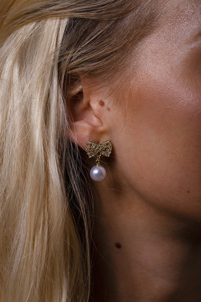 Gold - Diamante Bow Pearl Drop Earrings - Gift Boxed by SVNX