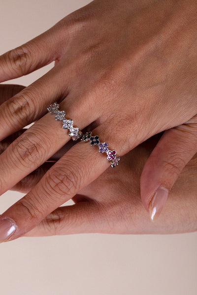 Multi - Diamante Clover Ring In Multi Silver by SVNX