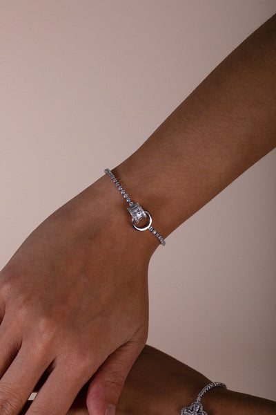 Silver - Double Ring Diamante Bracelet In Silver - Gift Boxed by SVNX