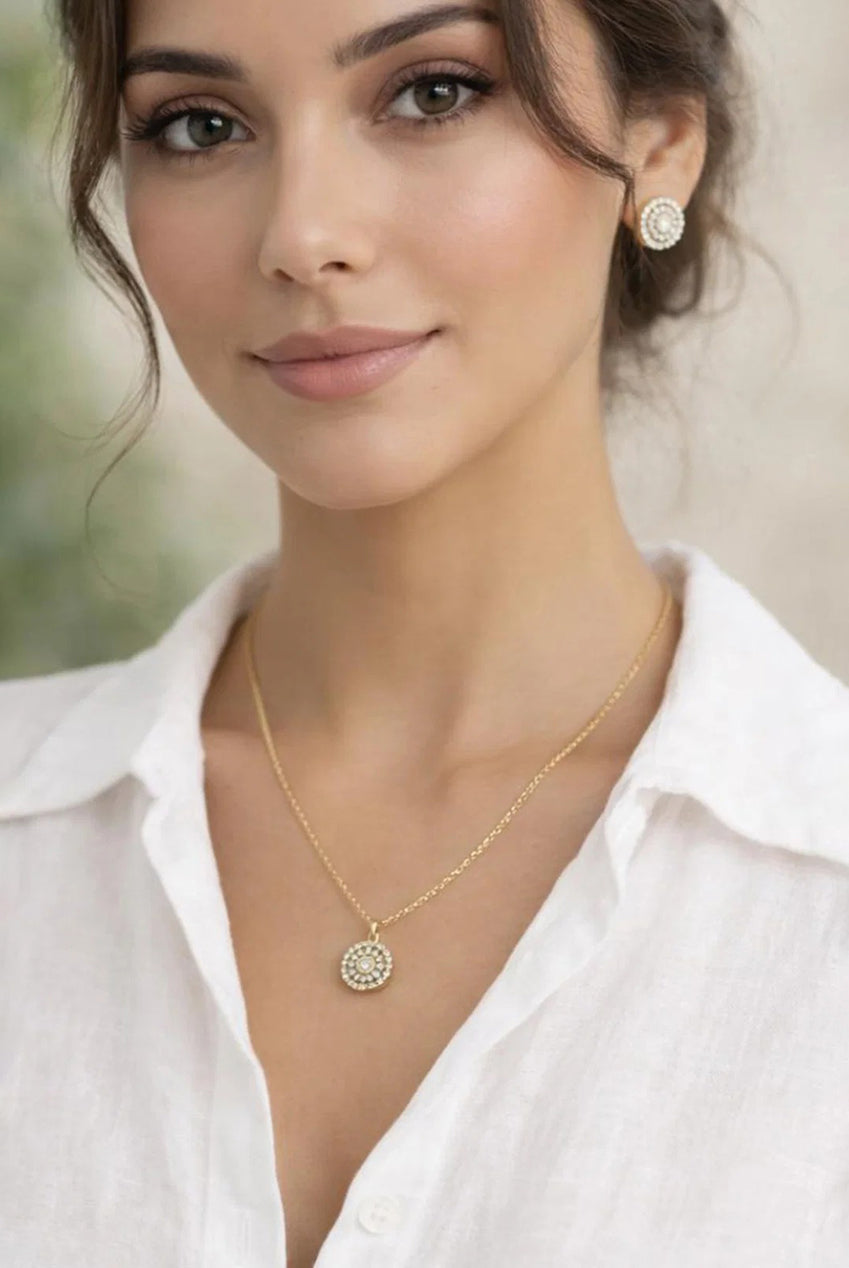 Diamante Halo Necklace & Earrings Set In Gold With Gift Box JE413024