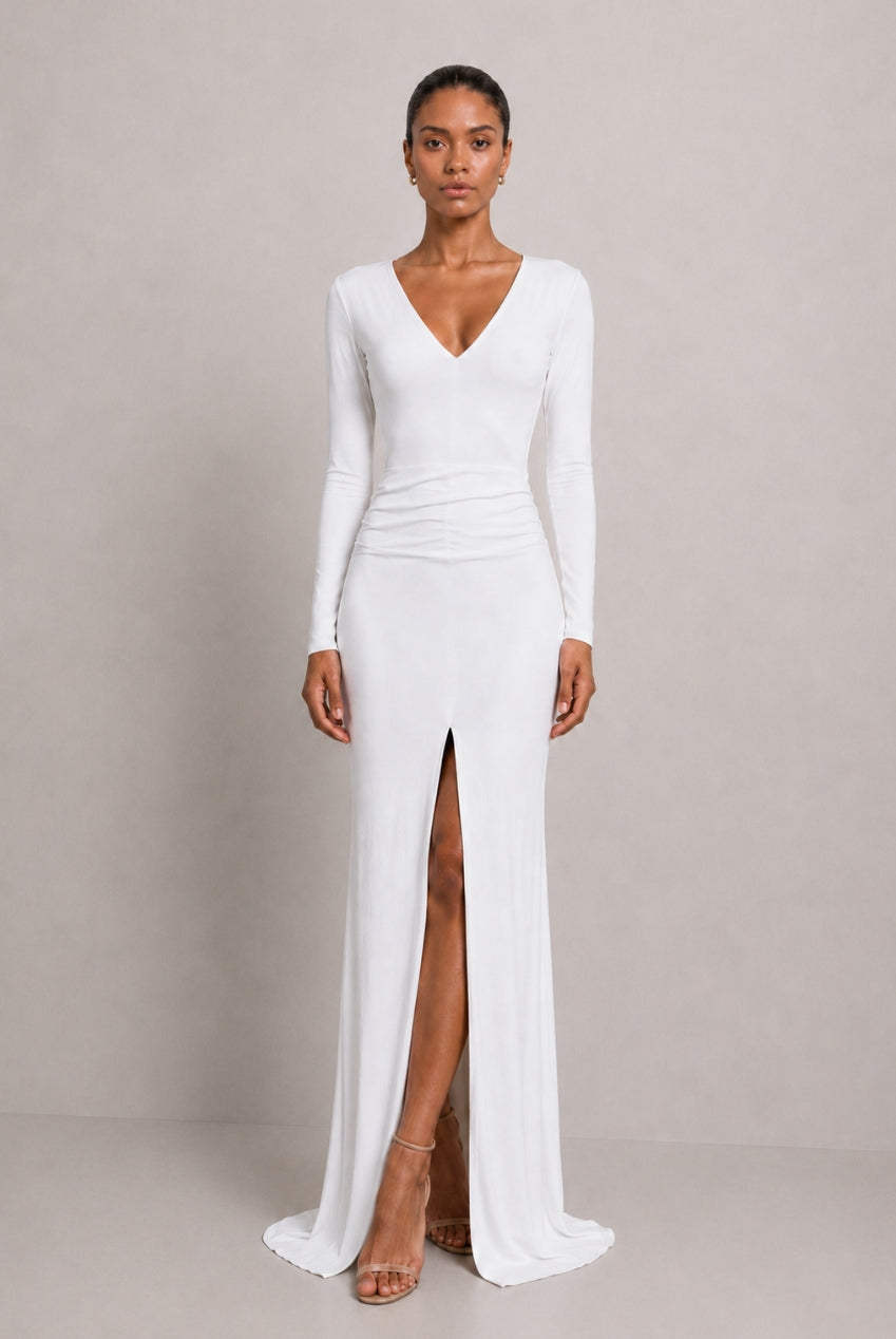 Jessica White Long Sleeve Maxi Dress With Front Split HG-JESSICA-MAXI