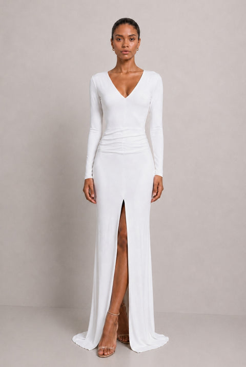 Jessica White Long Sleeve Maxi Dress With Front Split by Honor Gold