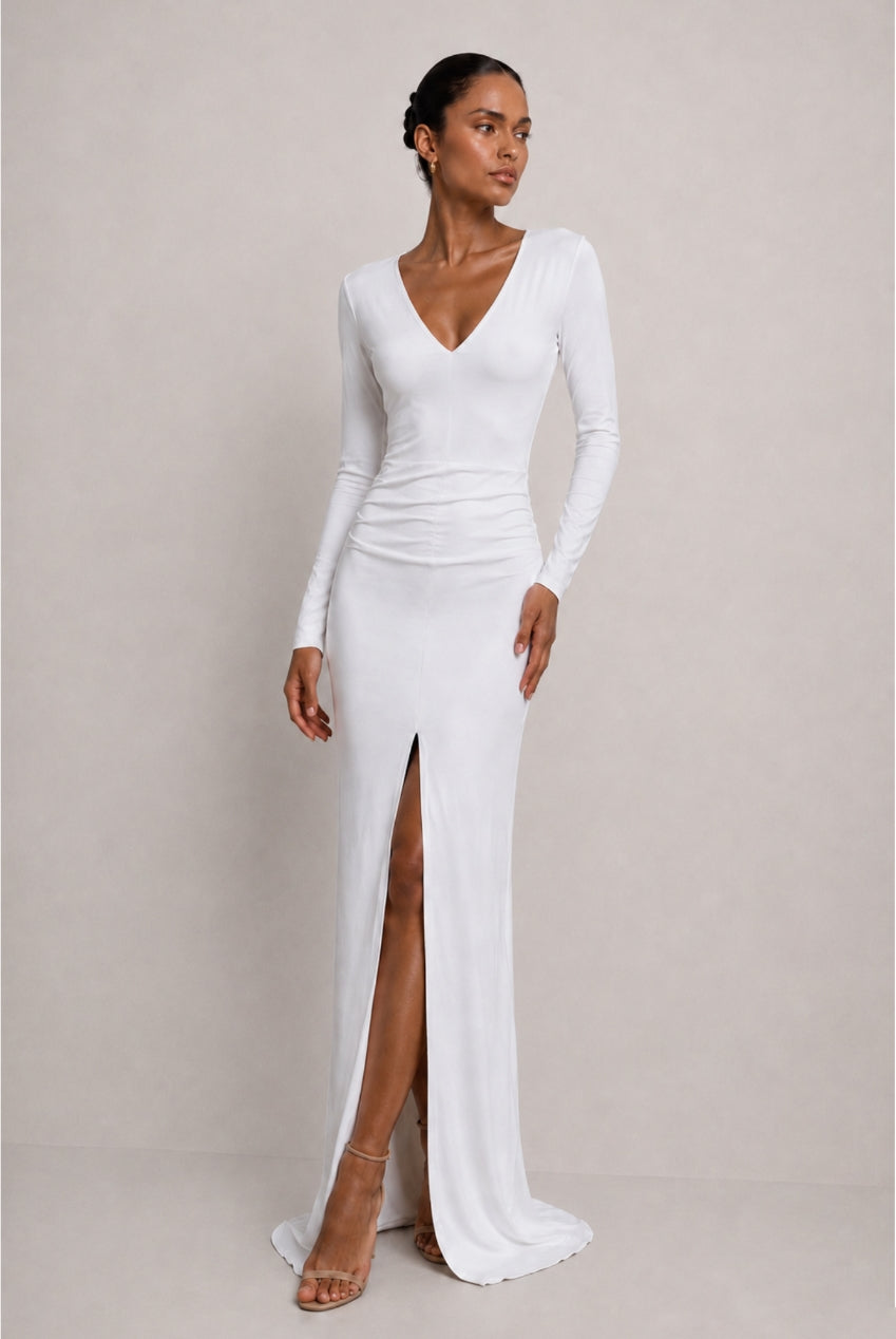 Jessica White Long Sleeve Maxi Dress With Front Split HG-JESSICA-MAXI
