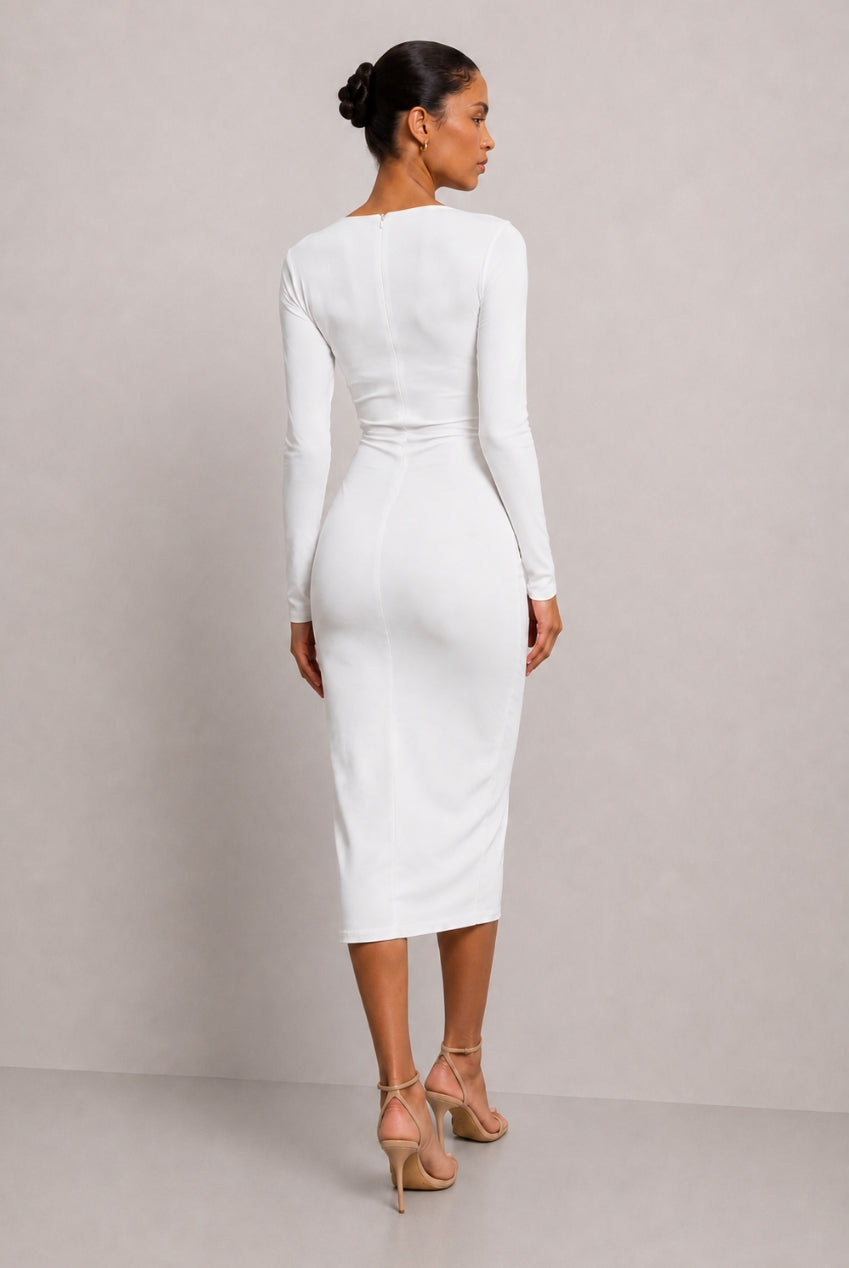 Jessica White Long Sleeve Midi Dress With Front Split HG-JESSICA-MIDI