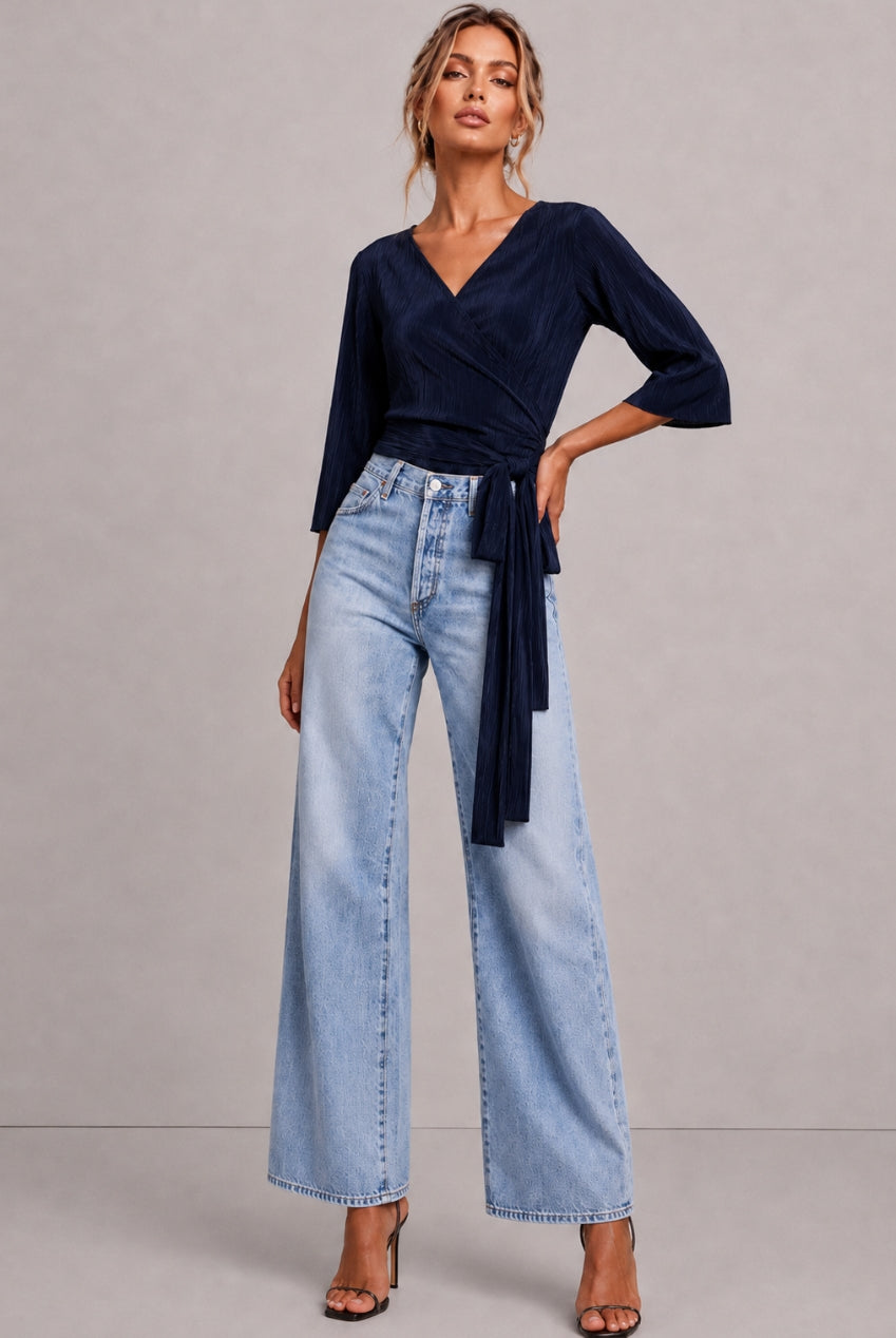 Julia Navy Plisse Wrap Top With Angel Sleeve JULIA-NAVY-TOP