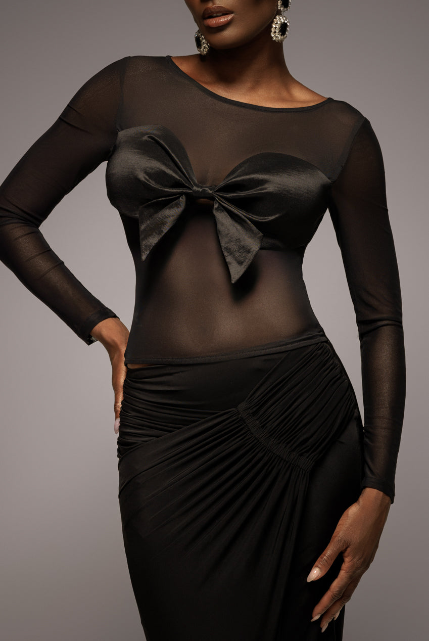 Long Sleeve Mesh Sleeveless Taffeta Bow Top - Black T266
