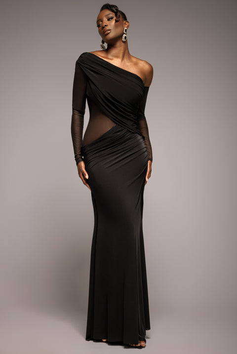 Gathered Cowl Asymmetric Mesh And Soft Touch Maxi Dress - Black by Goddiva