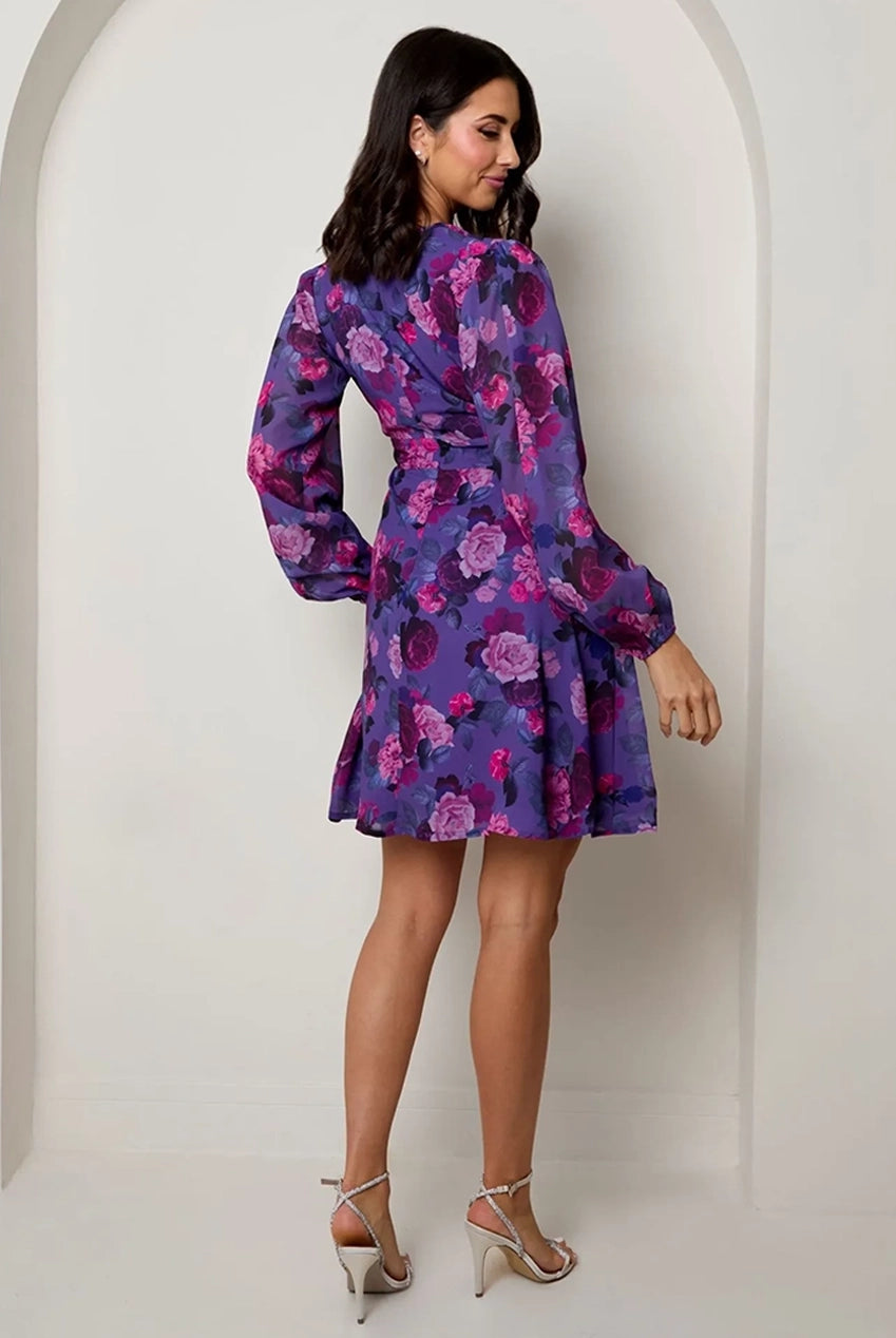 V Neck Floral Printed Chiffon Dress In Purple KC1999PUR