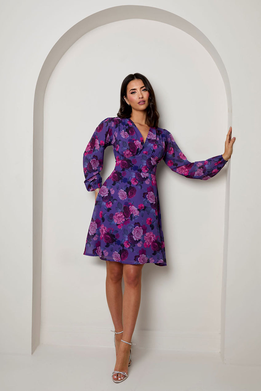 V Neck Floral Printed Chiffon Dress In Purple KC1999PUR
