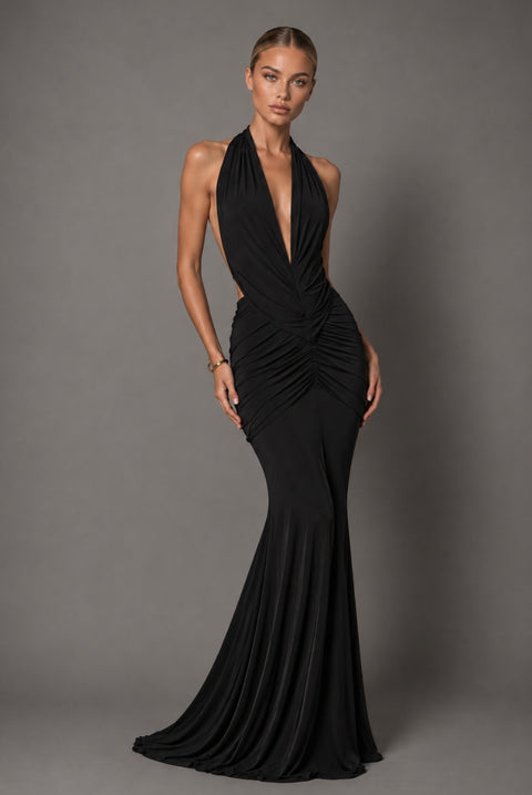 Keira Black Halterneck Backless Maxi Dress by Honor Gold