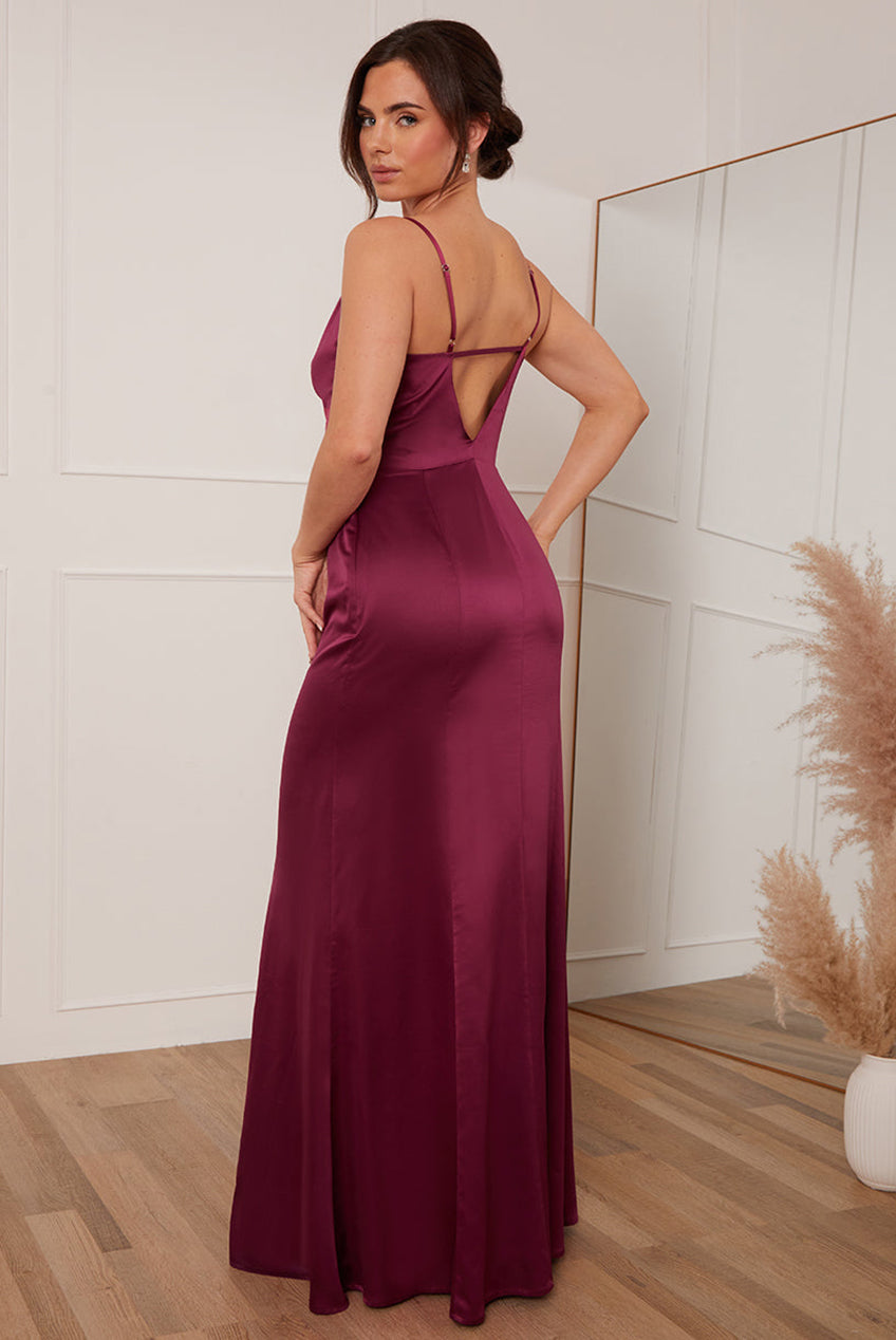 Petite Cowl Neck Satin Maxi Dress In Wine KH206PWI