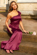 One-Shoulder Satin Maxi Dress In Wine by Chi Chi