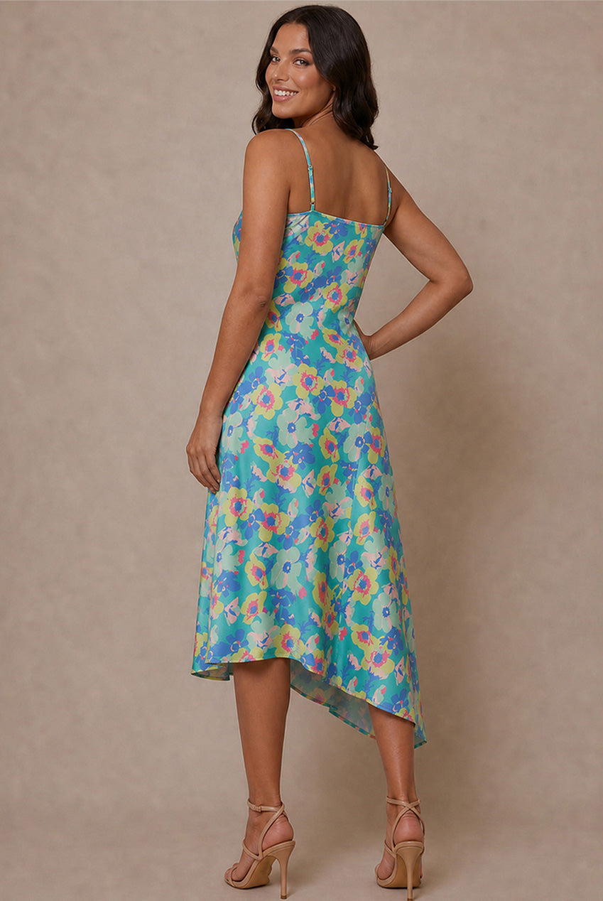 One-Shoulder Floral Asymmetric Hem Midi Dress In Green KH311GN