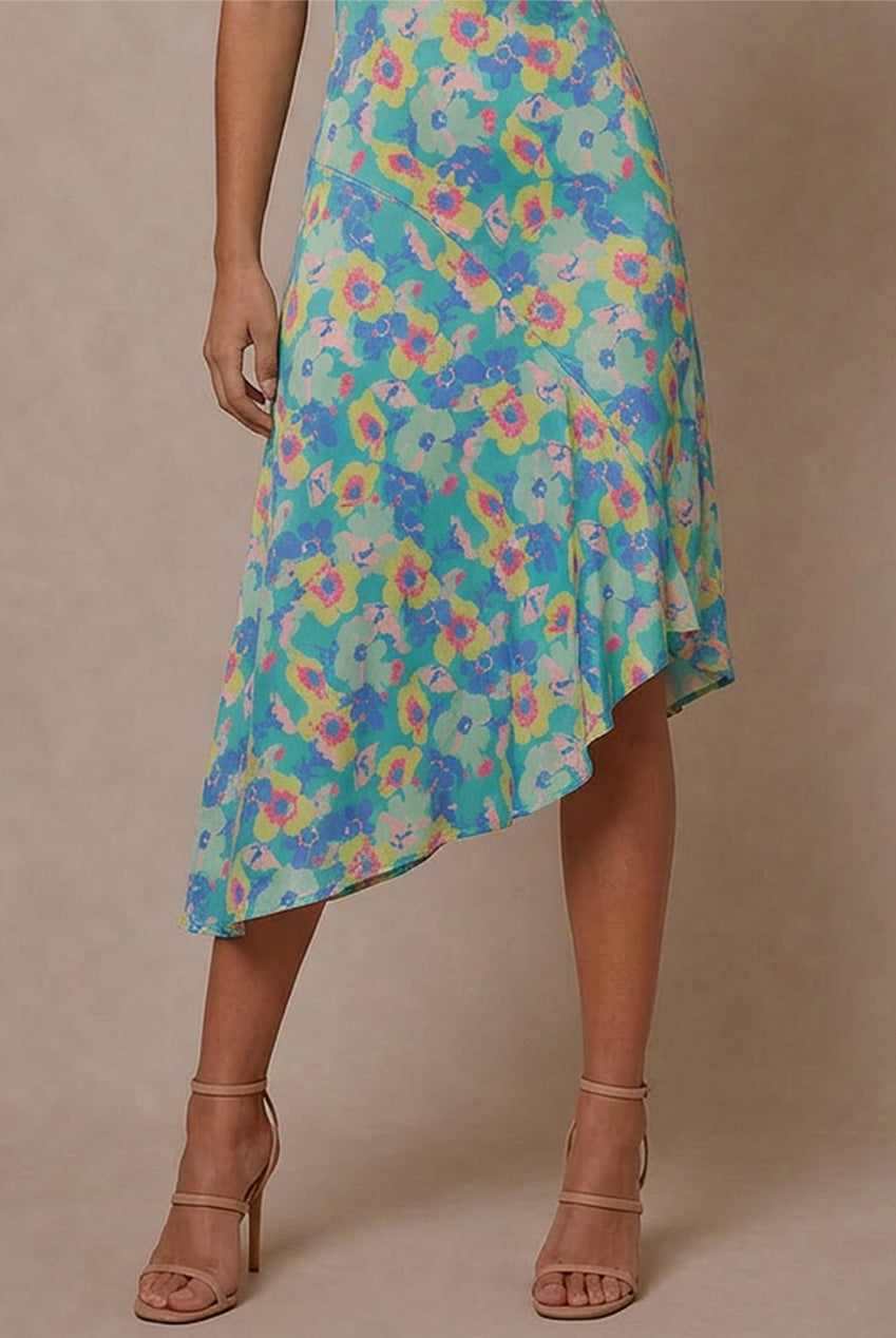 One-Shoulder Floral Asymmetric Hem Midi Dress In Green KH311GN