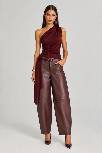 Khloe Berry One Shoulder Draped Top With Side Sash Tie by Honor Gold