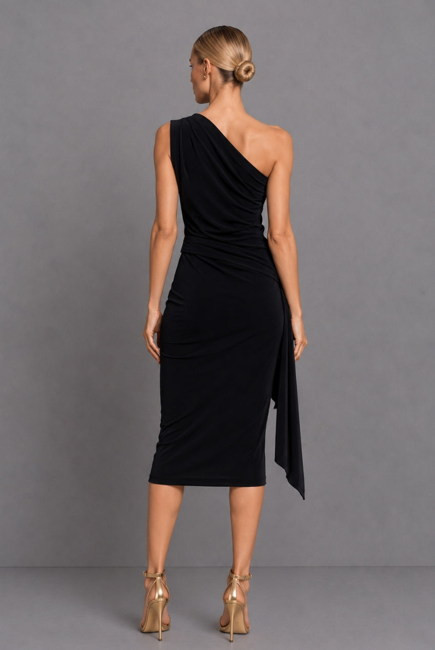 Khloe Black One Shoulder Dress With Side Sash CHLOE-BLACK