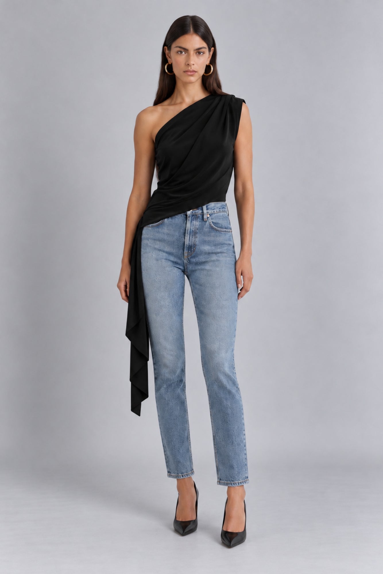 Khloe Black One Shoulder Draped Top With Side Sash Tie HG-KHLOE