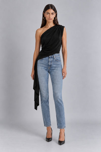 Khloe Black One Shoulder Draped Top With Side Sash Tie by Honor Gold