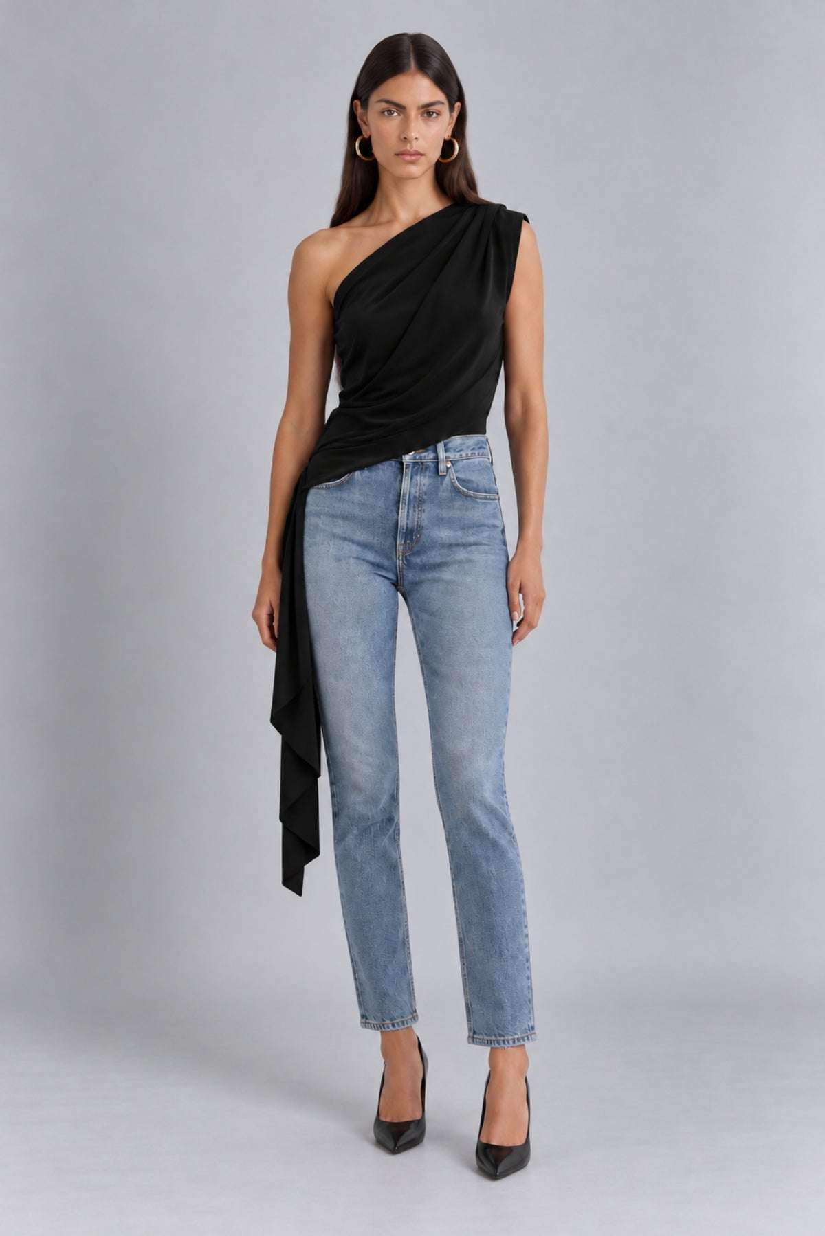Khloe Black One Shoulder Draped Top With Side Sash Tie HG-KHLOE