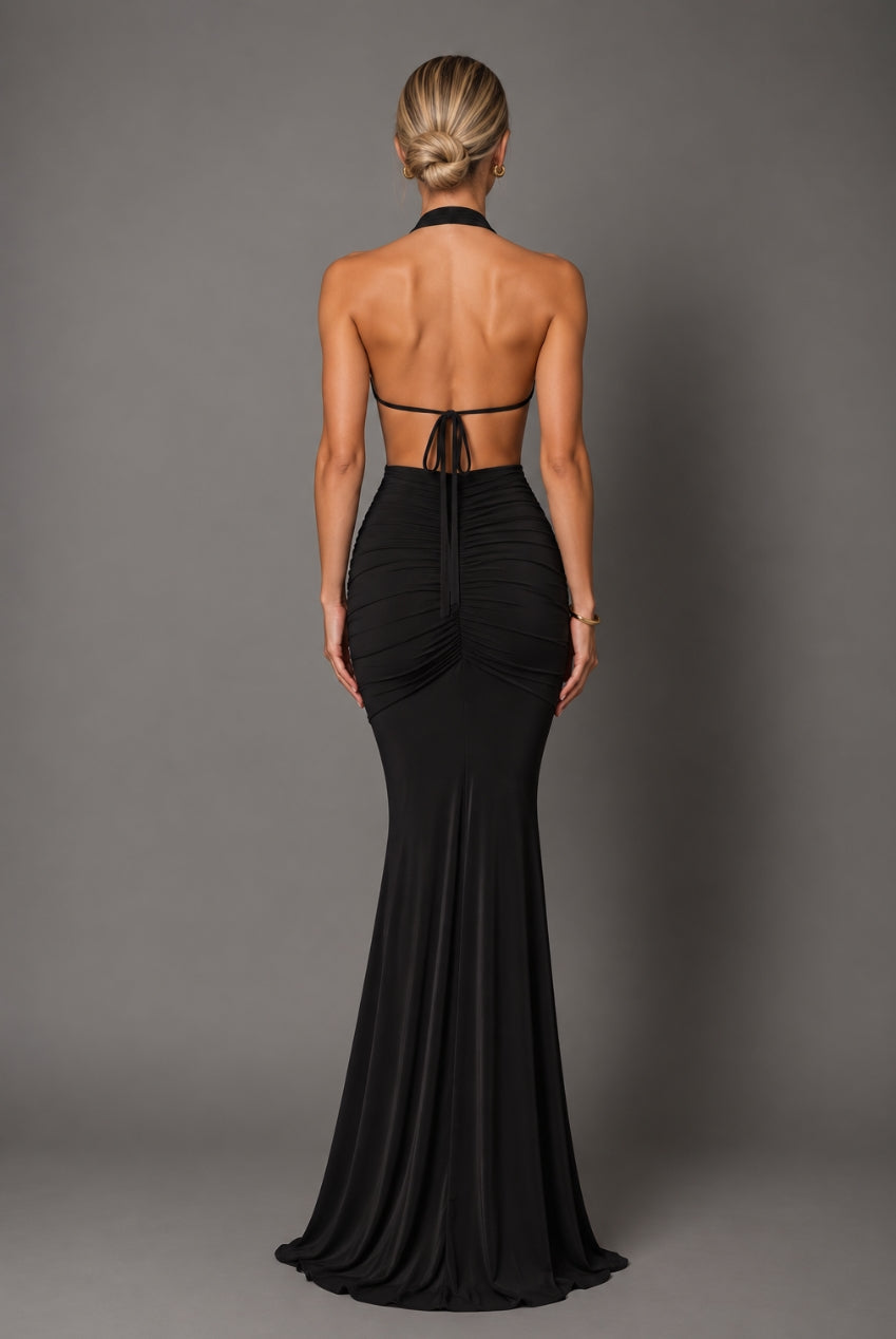 Keira Black Halterneck Backless Maxi Dress KEIRA