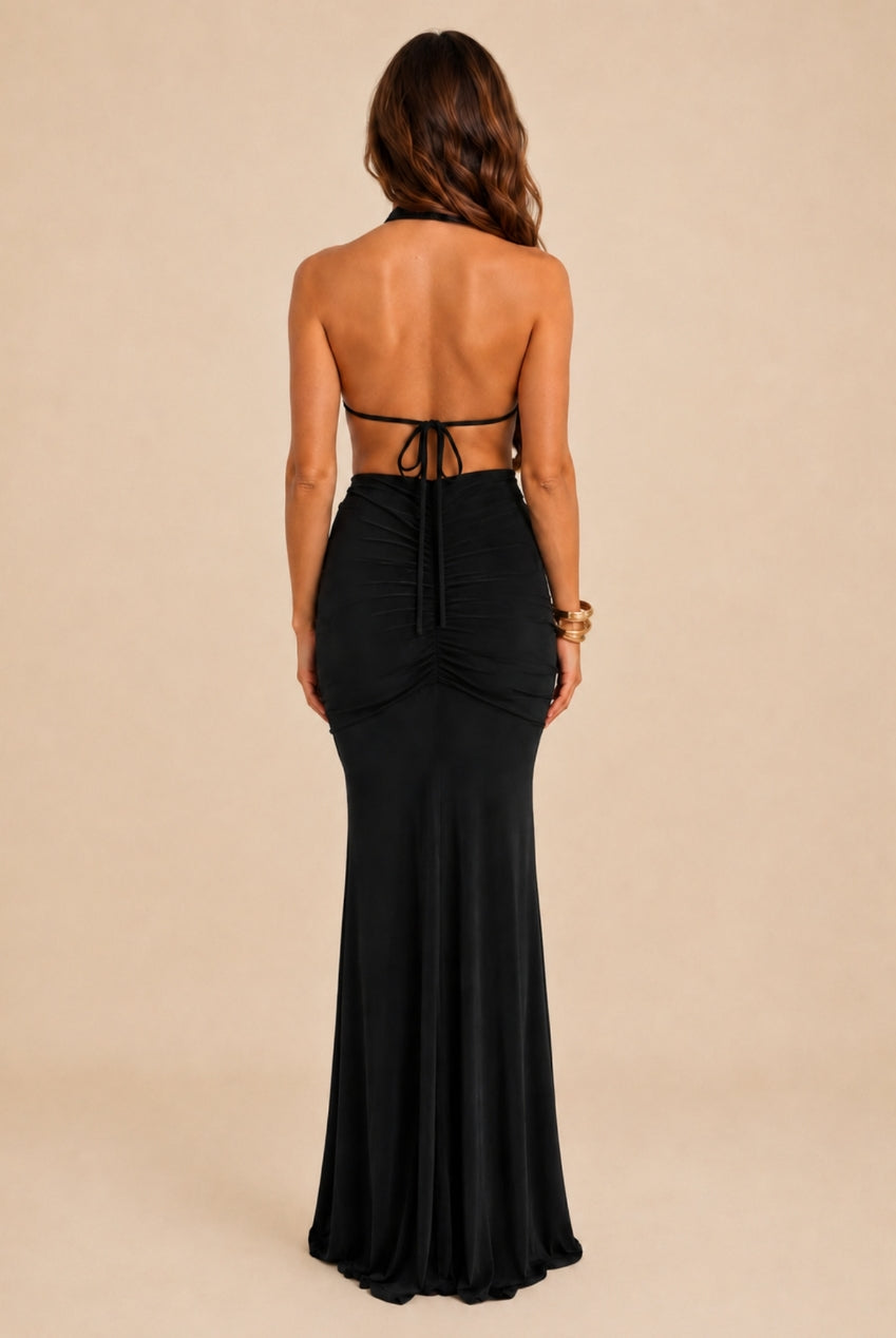 Keira Black Halterneck Backless Maxi Dress KEIRA