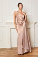 Petite One Shoulder Satin Finish Maxi Dress In Champagne by Chi Chi