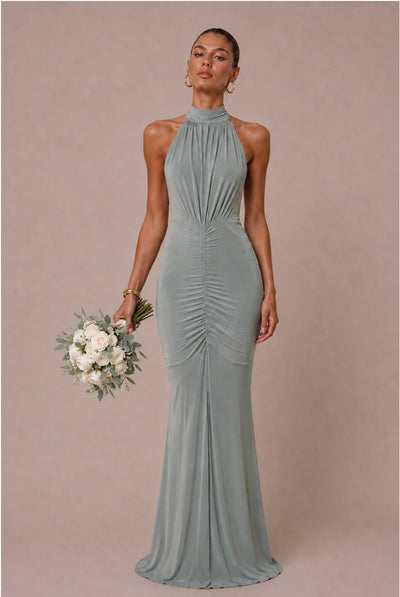 Sage Green - Kyra Sage Green Halterneck Bridesmaids Maxi Dress by Honor Gold