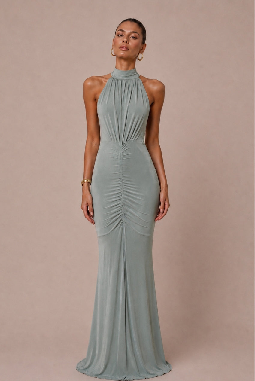 Kyra Sage Green Halterneck Bridesmaids Maxi Dress KYRA-SAGE-GREEN